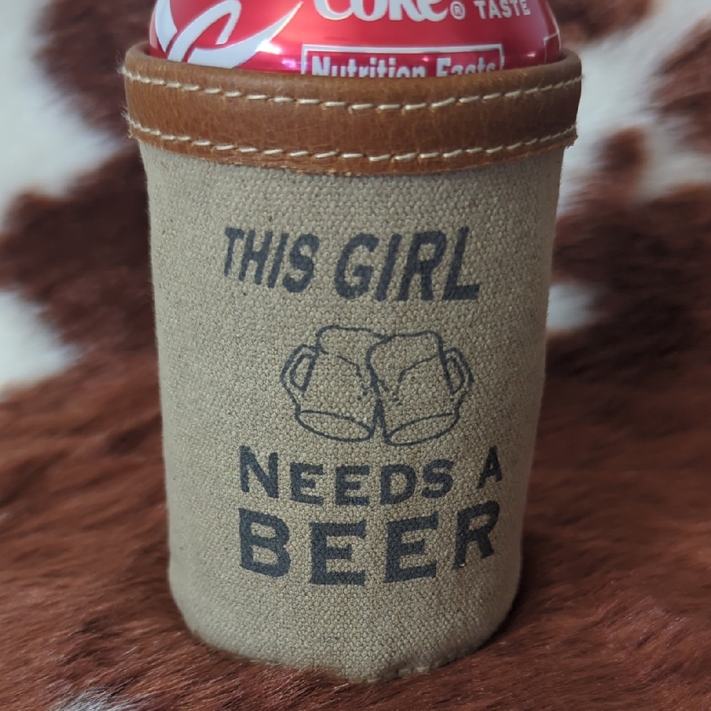 New!!! Myra Canvas Koozie/Can Holder with Brown Trim